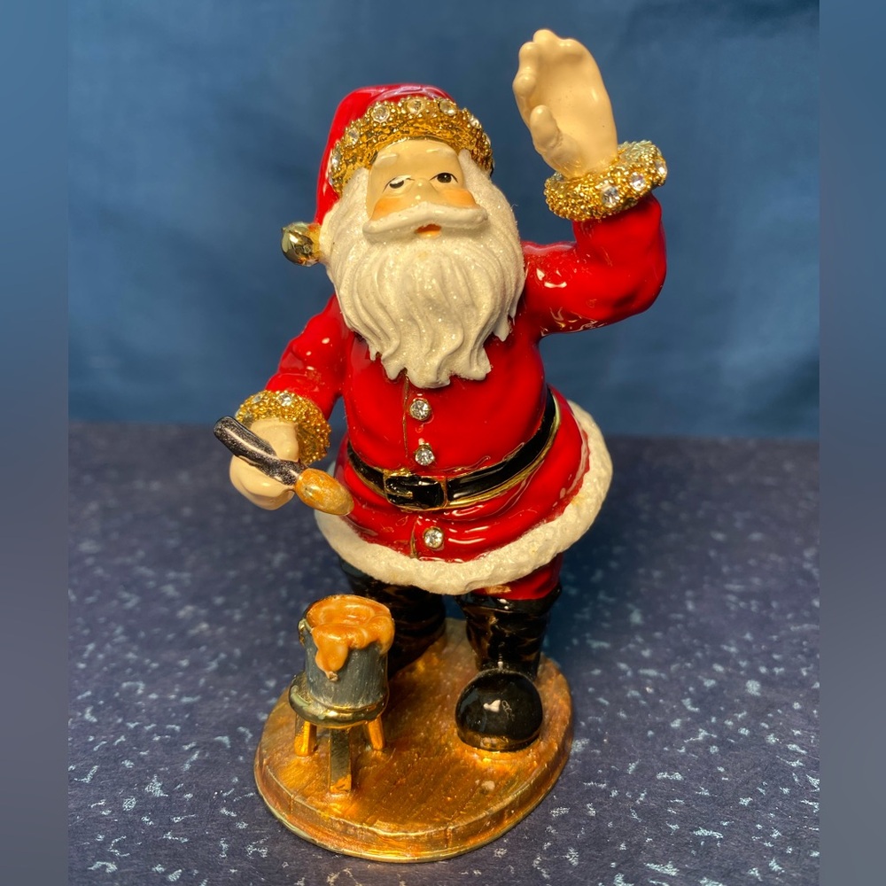 Kubla Crafts Bejeweled Enamel Over Pewter Santa Trinket Box